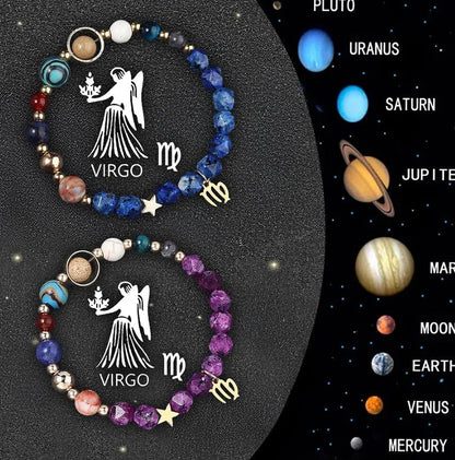 Twelve Zodiac Sign Beaded Bracelet Set with natural stone beads and adjustable cord on wrist