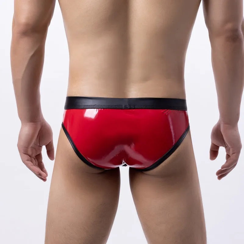 Men's low-waist bikini swim briefs in patent leather gold, red, or silver colours with body-shaping polyester construction