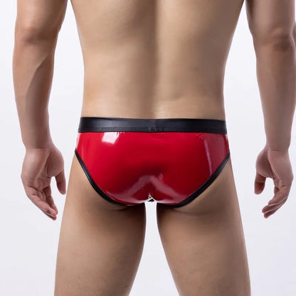 Men's low-waist bikini swim briefs in patent leather gold, red, or silver colours with body-shaping polyester construction