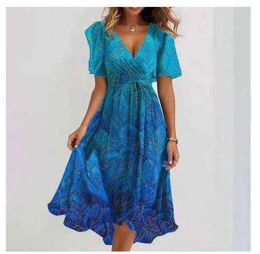 Elegant summer chiffon V-neck dress with floral print, available in multiple colors and sizes.