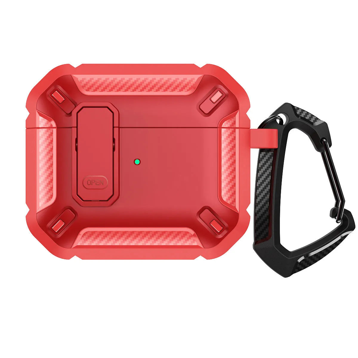Hard plastic protective case for AirPods with a metal hook, shown in black and yellow two-tone colour.