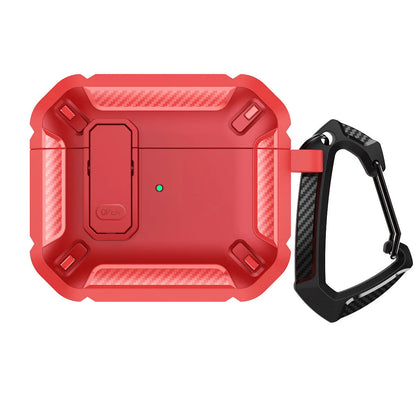 Hard plastic protective case for AirPods with a metal hook, shown in black and yellow two-tone colour.