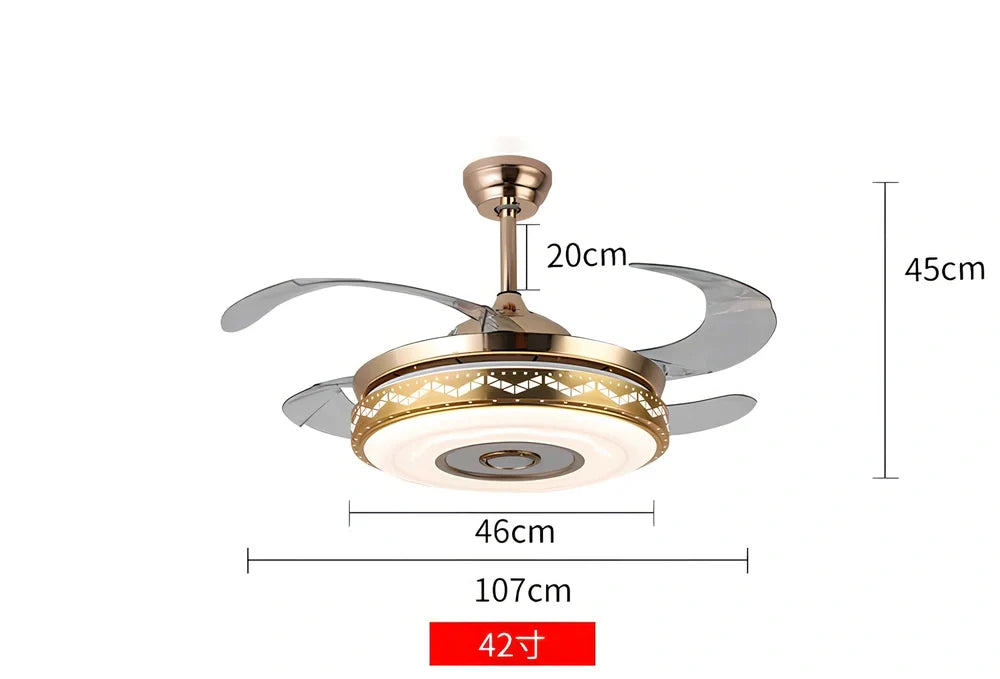 42-inch ceiling fan light with acrylic blades and gold three-tone lighting, remote control