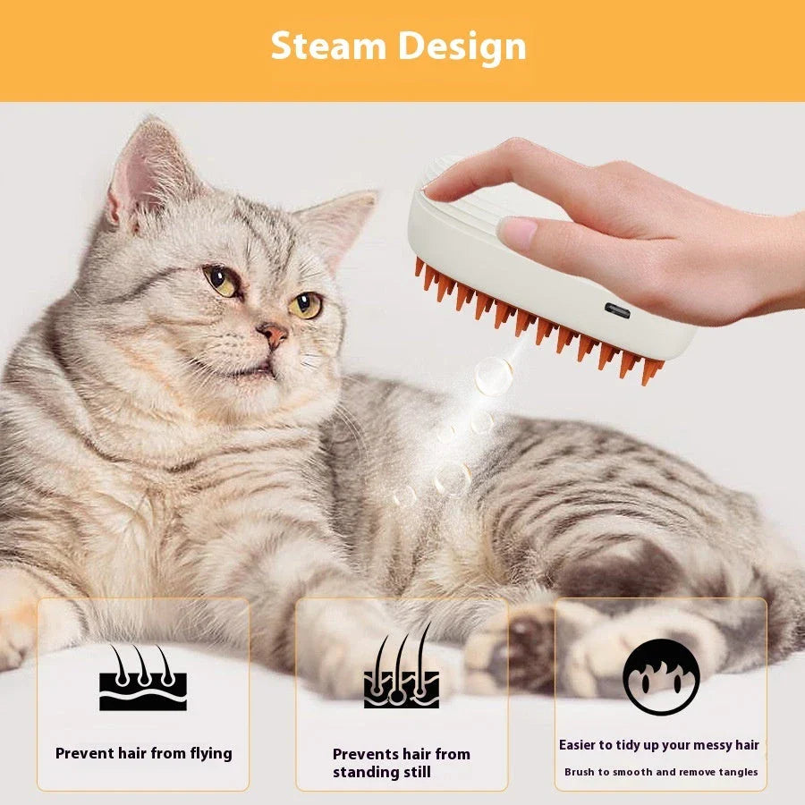 USB-rechargeable pet steam brush with gentle steam function for effortless cat grooming