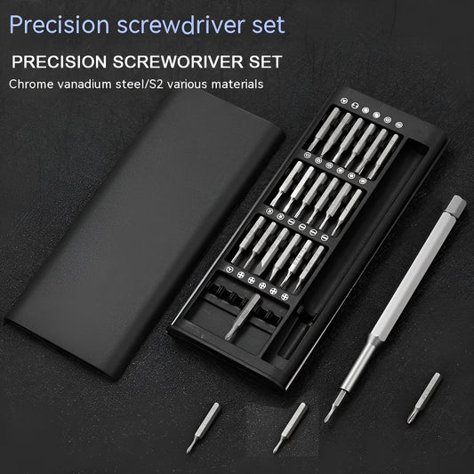 24-in-1 precision magnetic screwdriver repair set with long shaft and selection of bits on a white background.