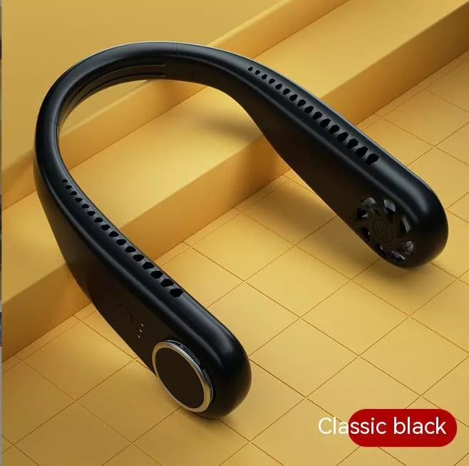 USB-powered leafless halter fan in classic black with adjustable neck strap