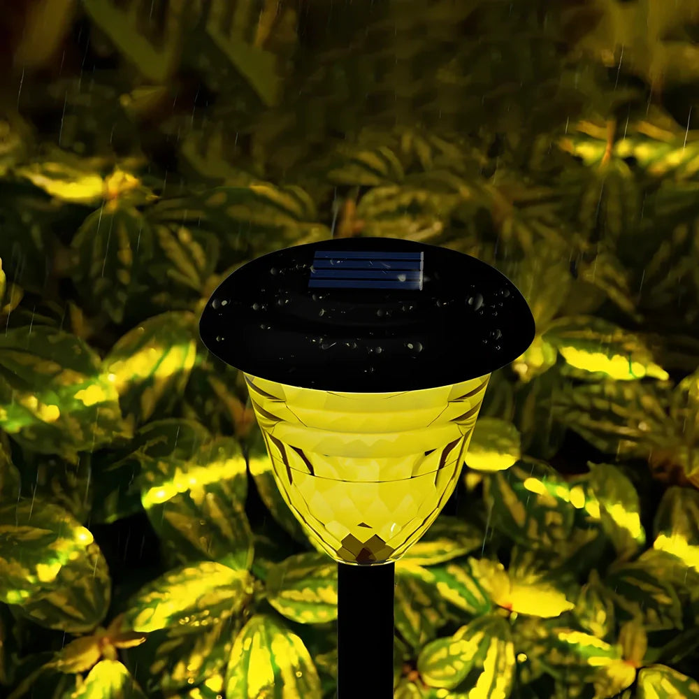 Black solar lawn light with polysilicon panel and IP55 waterproof rating for garden pathways