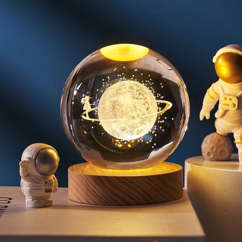 Crystal ball night light projecting 3D starry sky and planets with solid wood base