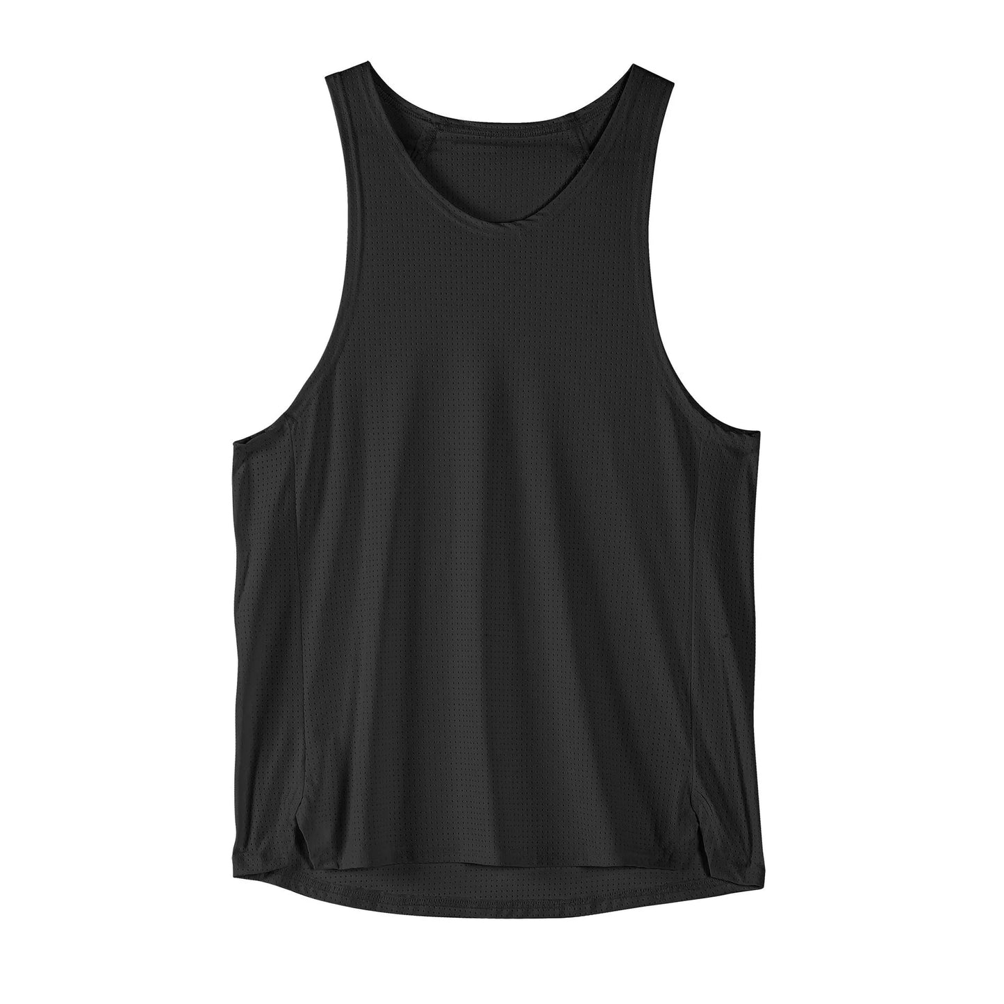 Men's black nylon sleeveless sports vest on a hanger, showing casual style