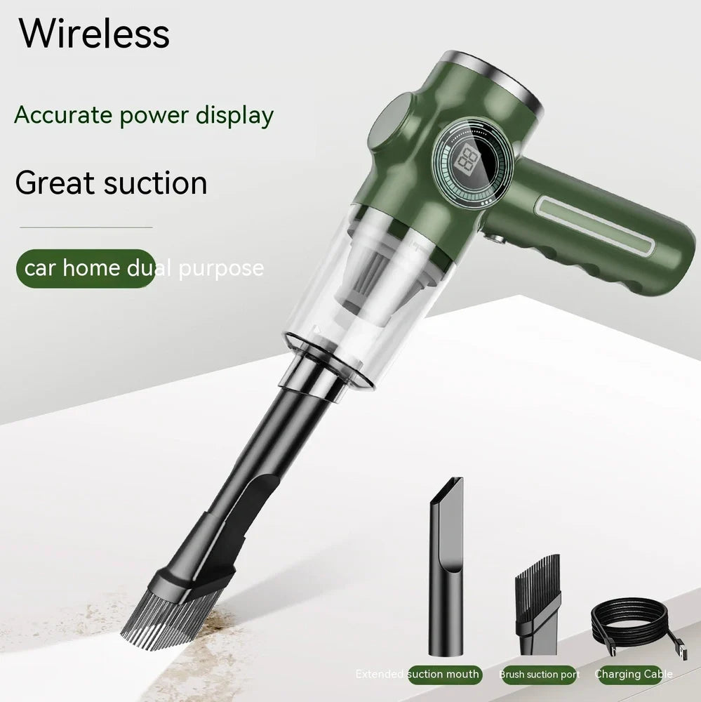 Black handheld vacuum cleaner with USB charging port measuring 25cm length for car and home dust removal