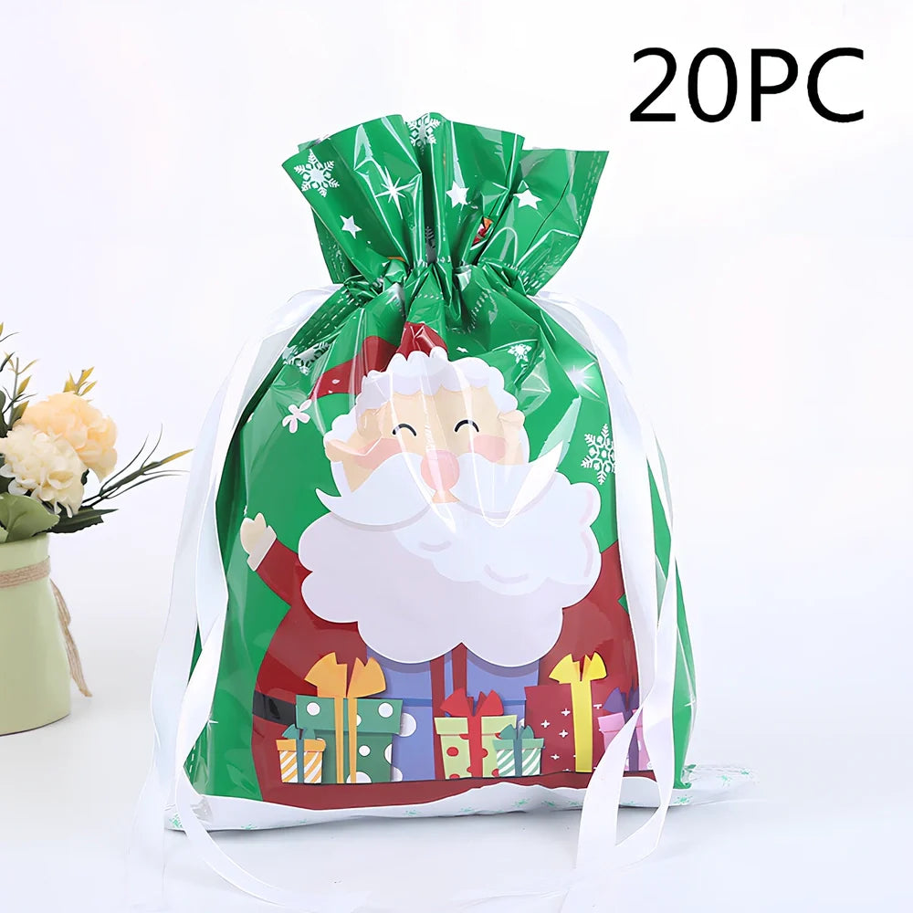 Christmas gift bag with drawstring closure in laser gold finish, 32x24cm dimensions