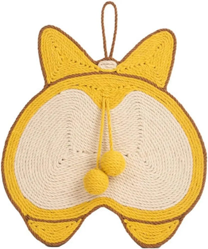 Yellow sisal cat scratching pad with corgi butt design, showing adhesive hooks and anti-slip base, dimensions 37cm by 40cm.