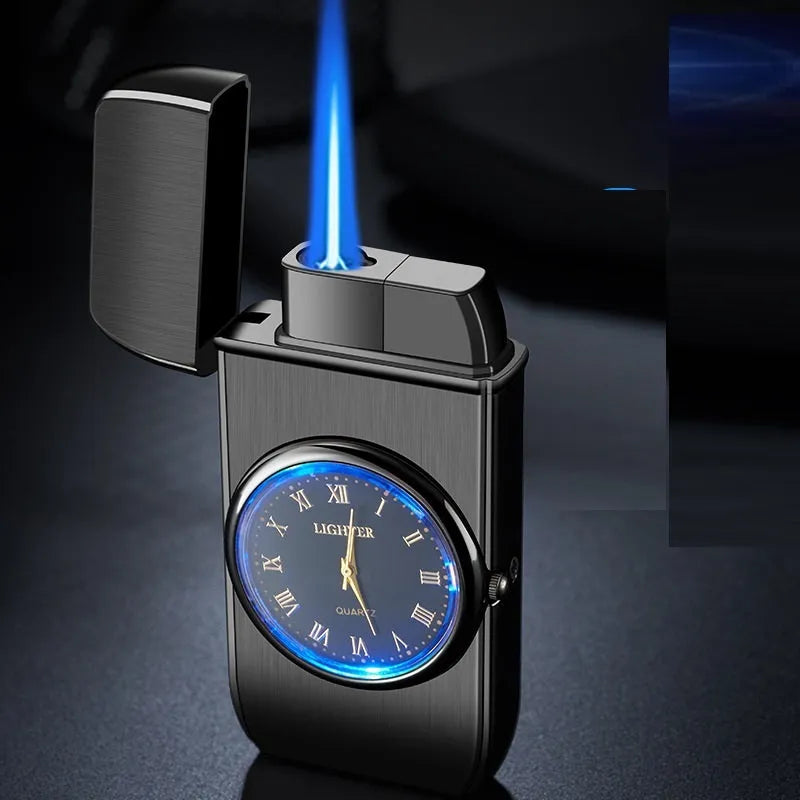 Electronic watch cigarette lighter with LED lamp in metal body showing five finish options