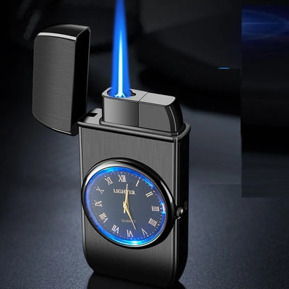 Electronic watch cigarette lighter with LED lamp in metal body showing five finish options