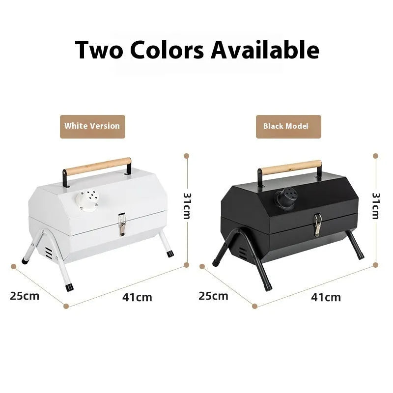 White round portable grill with chimney oven, carbon tanks, and grilled meshes for frying and baking outdoors.