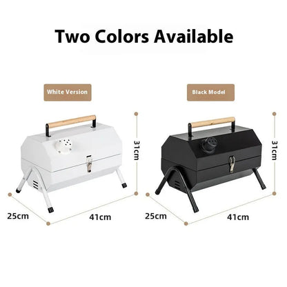 White round portable grill with chimney oven, carbon tanks, and grilled meshes for frying and baking outdoors.