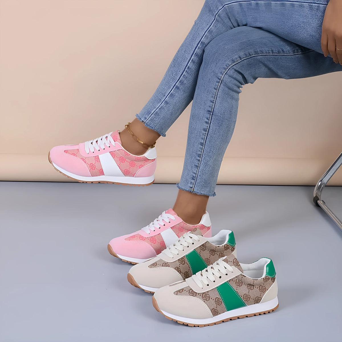 Women's khaki lace-up casual shoes with floral cross-strap design and shallow mouth