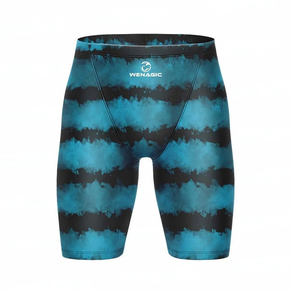 Man wearing blue Lycra polyester swimming trunks in briefs style