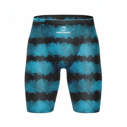 Man wearing blue Lycra polyester swimming trunks in briefs style