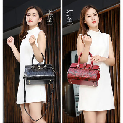 Vintage oval genuine leather women's crossbody bag with embossed sandwich pocket design