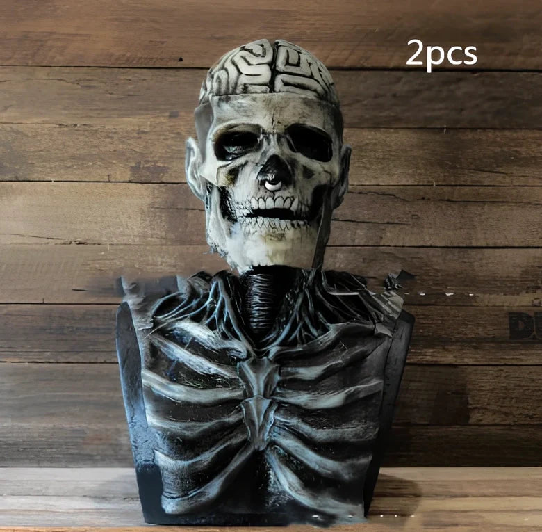 Halloween skull mask with movable jaw showing brain flower design in vinyl construction