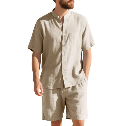Men's light blue linen blend summer suit with short sleeve Henry collar jacket and matching shorts