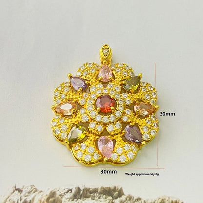 Close-up of a women's gold-coloured flower pendant necklace with a bright zircon stone centre.