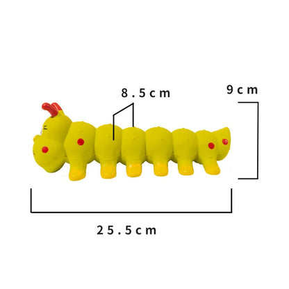 Yellow rubber caterpillar dog squeaky toy measuring 25.5x9cm for small medium breeds