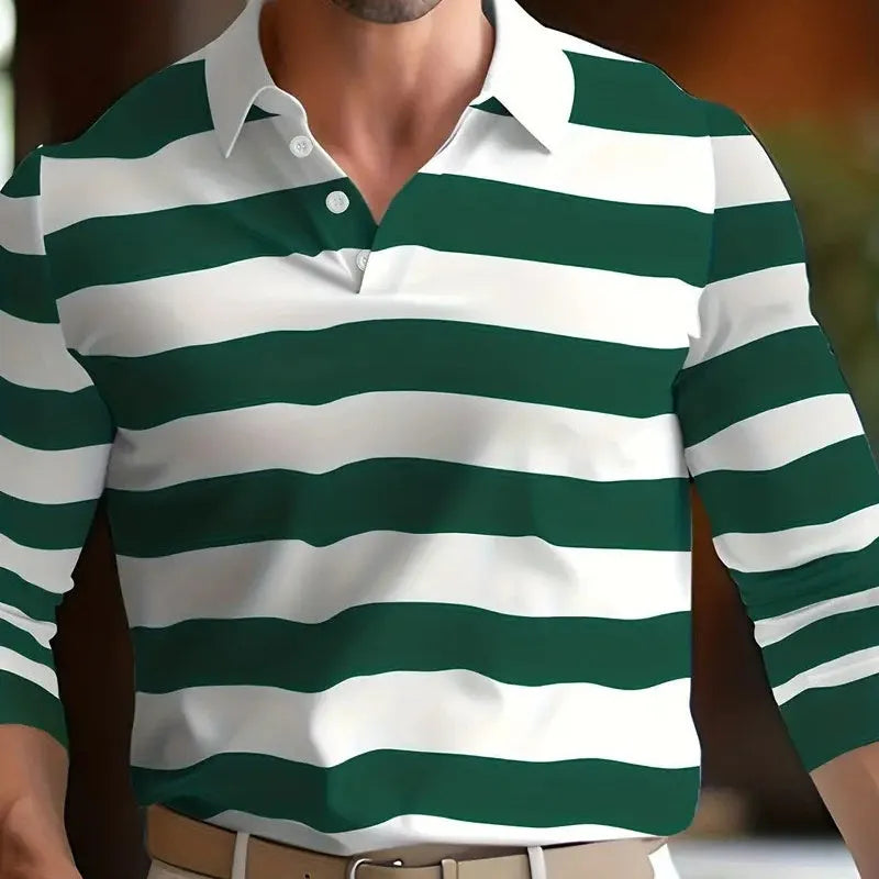 Men's long sleeve button-up polo shirt in a loose fit, made from a polyester blend fabric.