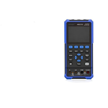 Owon HDS272 handheld digital oscilloscope with probe and accessories on a workbench.