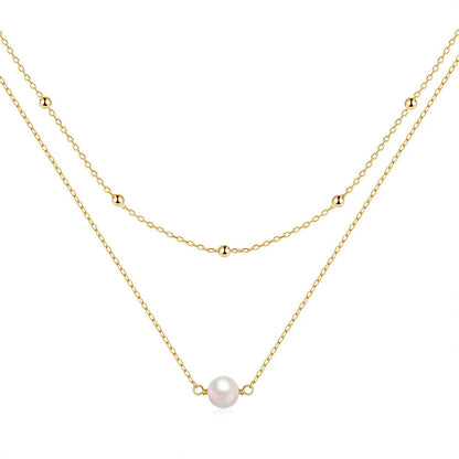 S925 sterling silver double layer necklace with twin pearls and geometric pendant in gold or white gold colour