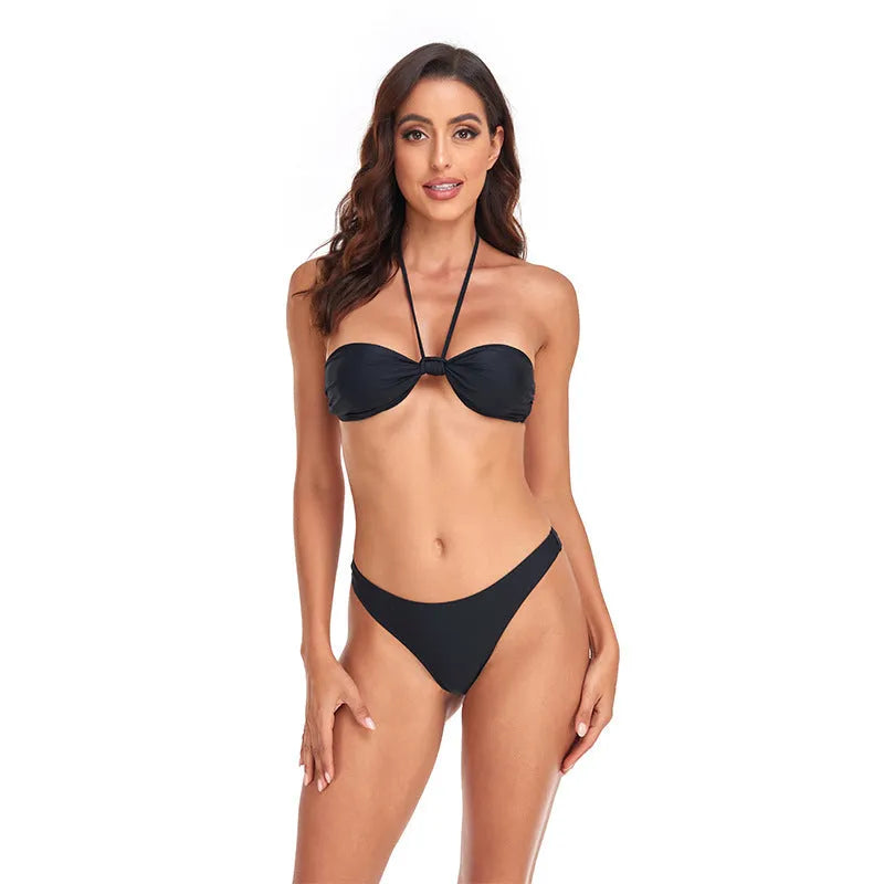 Black polyester women's bikini set with lace-up tube top and briefs in sizes S, M, L