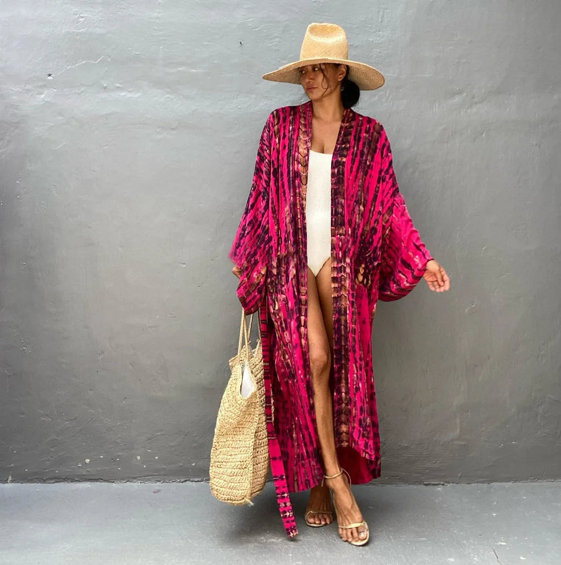 Printed cotton beach cover-up shirt in DN0712 series colours showing loose fit and 135cm length for sun protection
