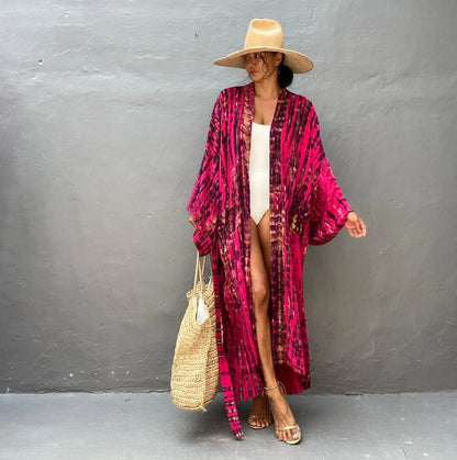 Printed cotton beach cover-up shirt in DN0712 series colours showing loose fit and 135cm length for sun protection