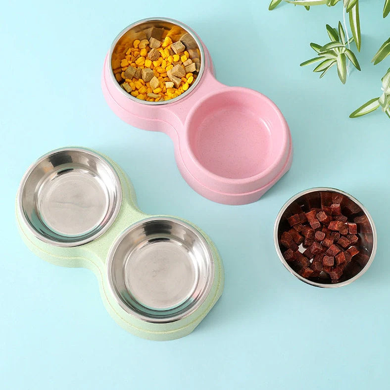 Double pet bowl with stainless steel insert and straw base in blue, showing separate food and water compartments