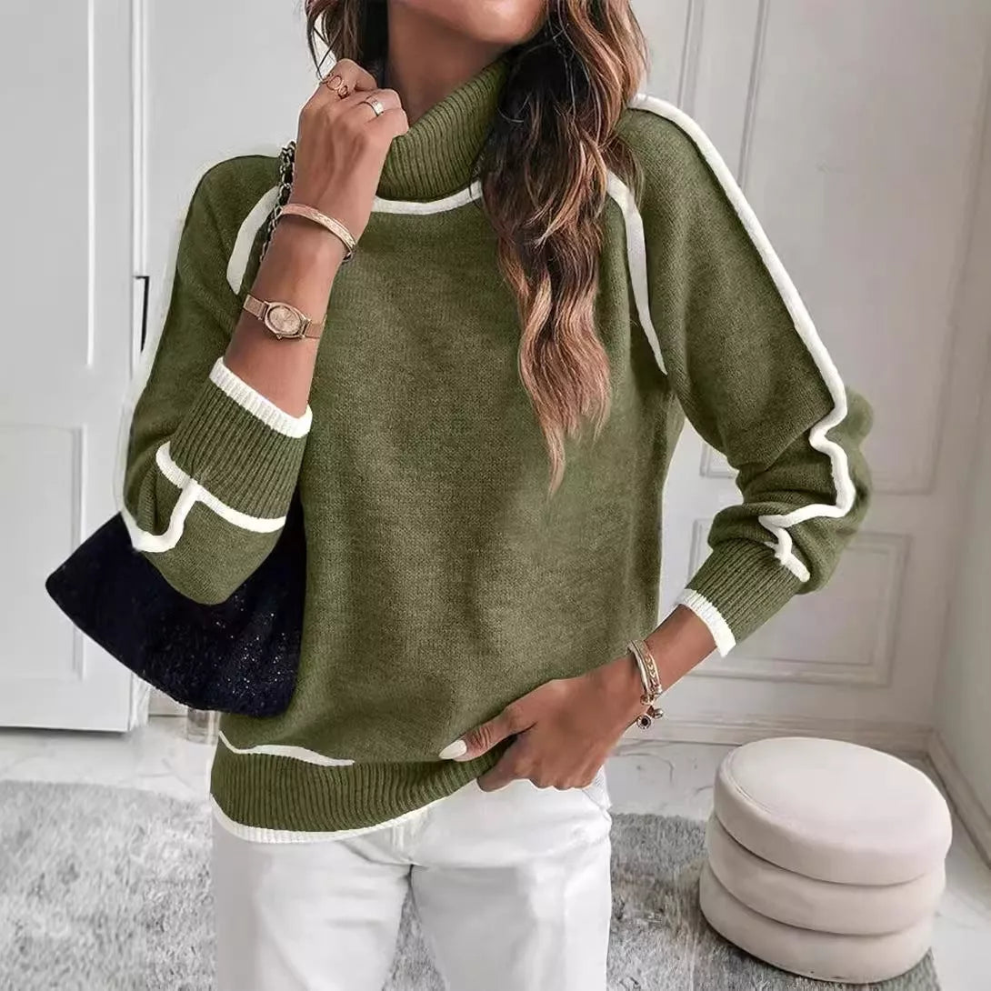 Women's solid color high-neck knit top for autumn and winter in khaki, green, and brown