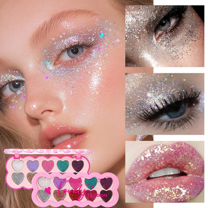 Pearlescent Heart Ten-colour Sequins Eye Shadow palette showing ten shimmery shades