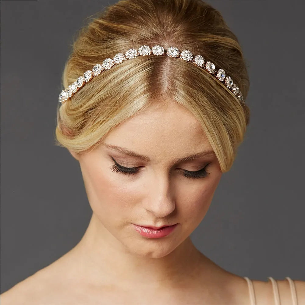 Bridal rhinestone sunflower hair band in silver, rose gold, or gold metal for wedding and banquet styling