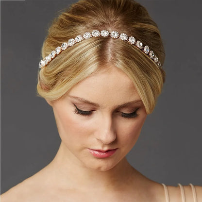 Bridal rhinestone sunflower hair band in silver, rose gold, or gold metal for wedding and banquet styling