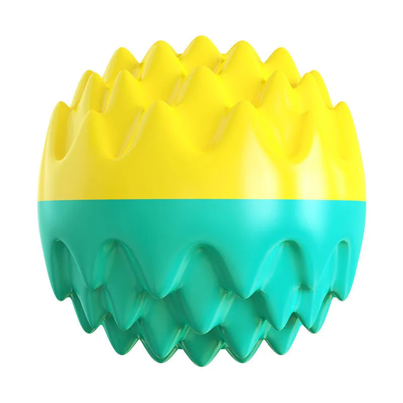 Blue and orange durable rubber squeaky dog ball with spiky texture for teeth cleaning