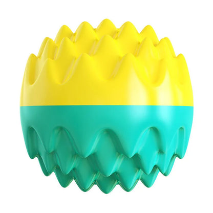 Blue and orange durable rubber squeaky dog ball with spiky texture for teeth cleaning