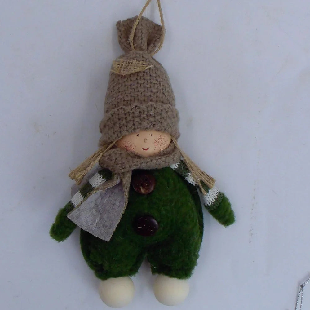 Christmas Easter fabric plush doll in dark brown with green clothing and red hat showing two size options