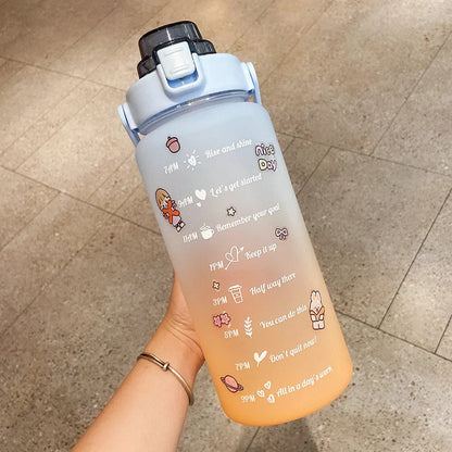 2000ml gradient color water bottle with straw and scale feature