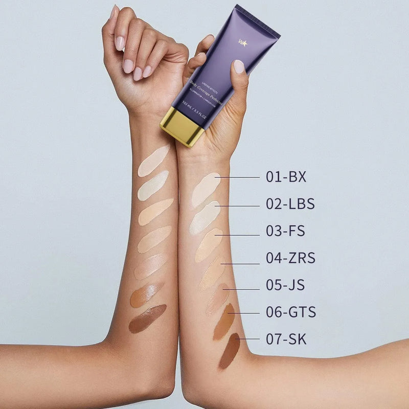 Body tattoo concealer care cream waterproof and sweat-proof full coverage makeup in 103ml tube with 7 natural radiance shades including Fair, Light, Warm, Natural, Golden, Bronze and Deep Radiant