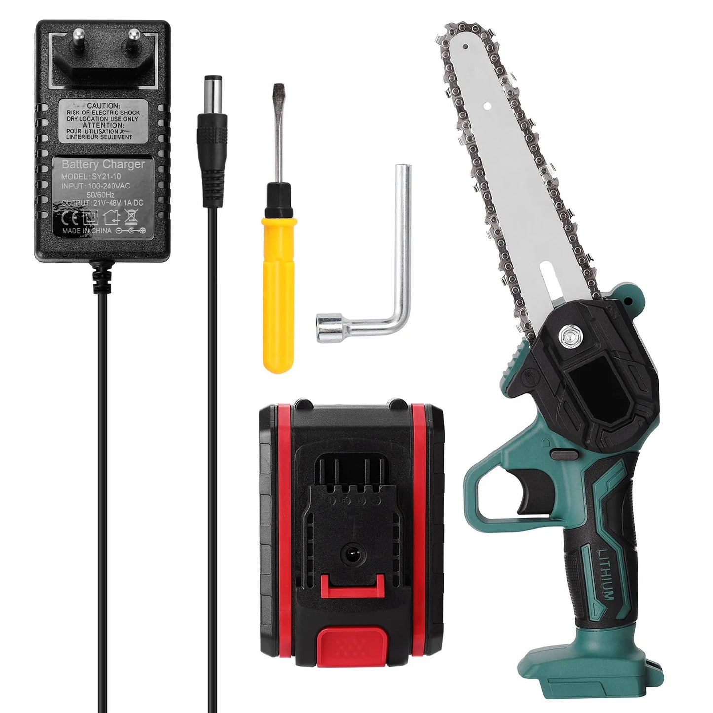 Black one-hand electric chainsaw with 4-inch cutting bar and lithium battery for garden log cutting