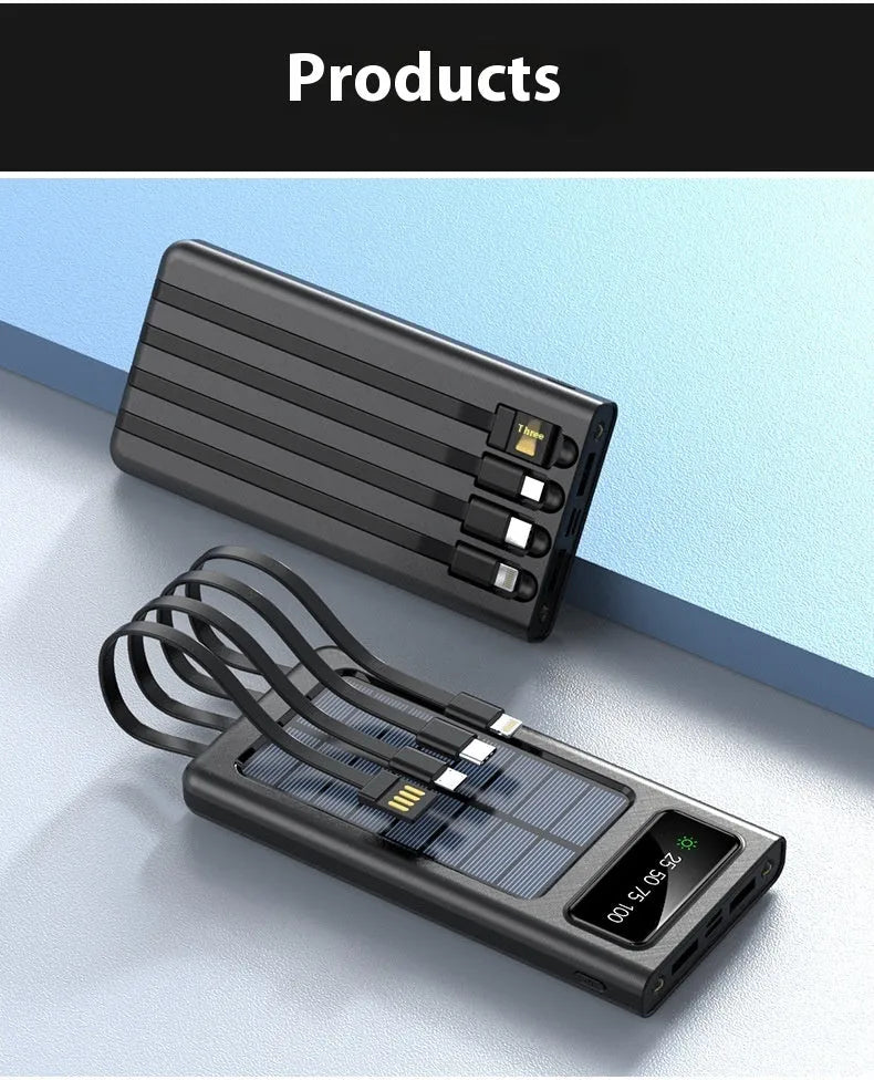 Portable solar power bank with 20000mAh capacity in black or white plastic casing