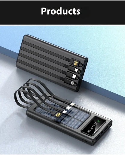 Portable solar power bank with 20000mAh capacity in black or white plastic casing