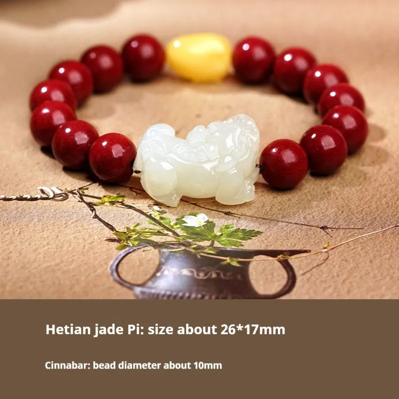Traditional Chinese Hetian jade bracelet with black and red adjustable ropes and jade beads