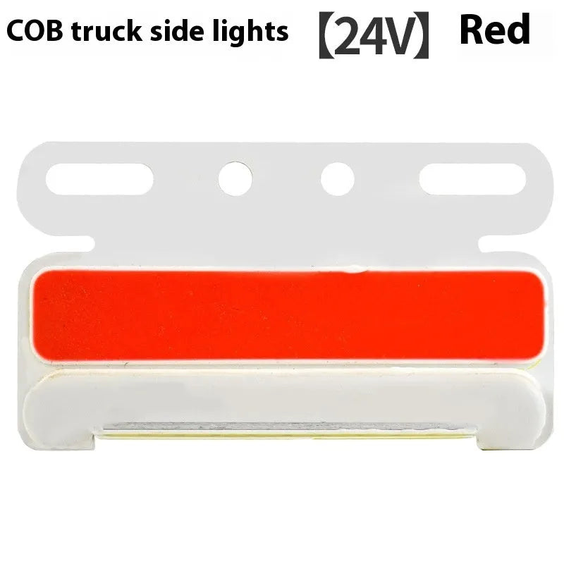 COB LED truck side light in aluminium alloy housing, showing red, yellow, green, blue, or white options for 12V and 24V vehicles