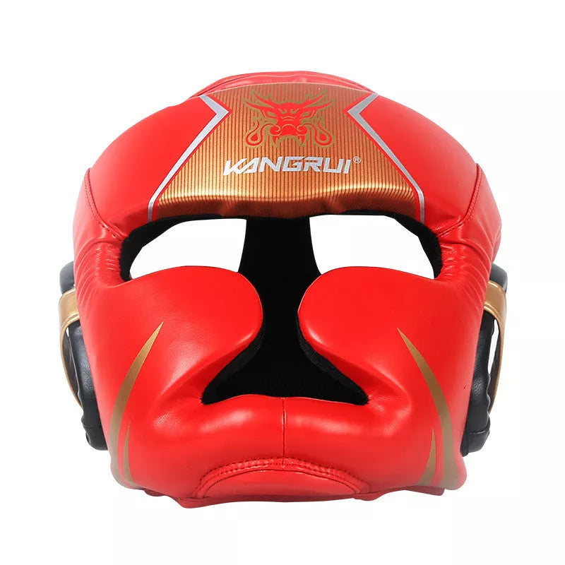 Children's full protection boxing helmet in red, white, black for boxing, Sanda, Taekwondo